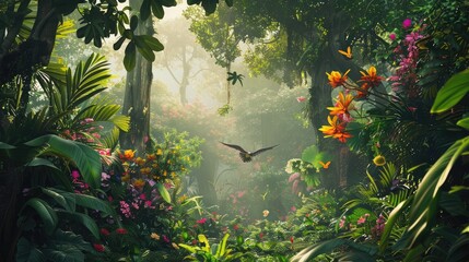 A lush tropical jungle alive with the symphony of nature, with towering trees draped in vines and colorful blooms, and exotic birds flitting among the canopy in a vibrant tapestry of life
