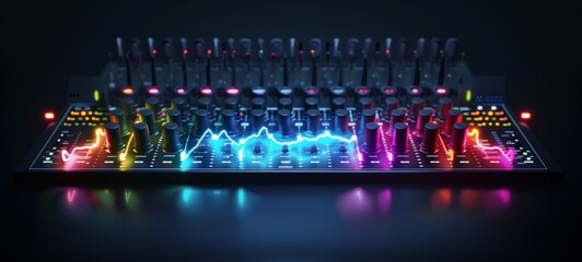 Illuminated sound mixer with vibrant oscilloscope waveforms. Essential gear for audio engineering and music production.