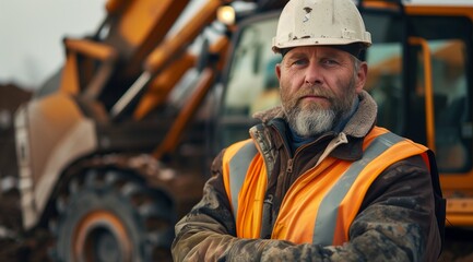 Portrait of a rugged construction worker in high-visibility gear, with an excavator in the background. Image showcasing industrial labor and machinery.