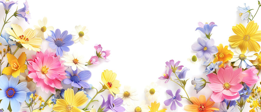 A beautiful banner of colorful flowers on a white background.