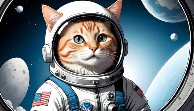 illustration of the cute astronaut cat in a space suit with a helmet