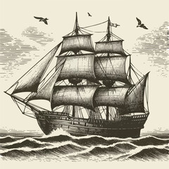hand drawn ship old engraving vector illustration style. illustration of an old fashioned sailing ship or boat in a vintage etching woodcut style. ship vintage illustration old engraving style - obrazy, fototapety, plakaty