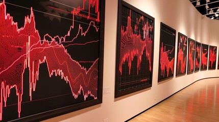 Arranges an artful display of stock charts in a gallery setting, with each chart featuring chaotic lines in vibrant red, turning market volatility into a visual art experience - obrazy, fototapety, plakaty