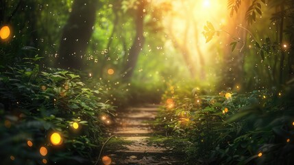 A magical forest pathway bathed in sunlight, surrounded by lush greenery and mystical floating lights.