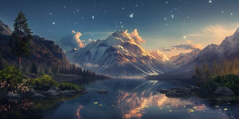 A breathtaking digital artwork of a serene mountain range with a reflective lake under a starry night sky evoking tranquility and awe