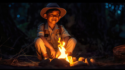 A boy scout in the night on the campfire with happy face. - obrazy, fototapety, plakaty