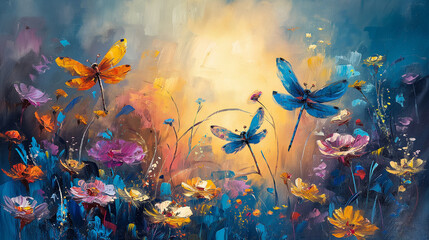 Oil painting golden dragonflies over meadow flowers, interior decor, wall painting