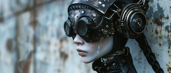 A close up portrait of a female cyborg with steampunk goggles - obrazy, fototapety, plakaty