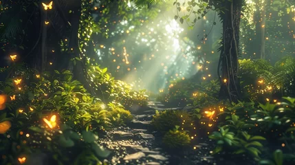 Keuken spatwand met foto A magical forest pathway bathed in sunlight, surrounded by lush greenery and mystical floating lights. © Amer