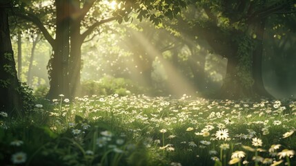 A magical glade in a forest, where sunlight filters through the trees, illuminating the delicate daisy blossoms in a dance of light and shadow. - obrazy, fototapety, plakaty