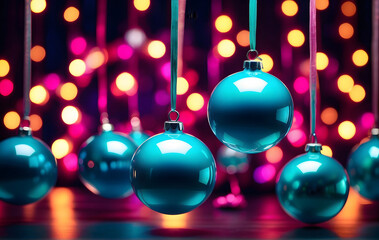 Christmas balls on strings against a dark background, styled with vibrant neon colours, blue color, and a kitsch aesthetic reminiscent of vibrant stage backdrops with reflections