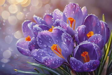 Obraz na płótnie Canvas oil painting of crocuses with dew drops in sunlight, an idea for decorating walls in an apartment