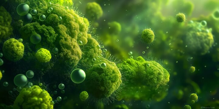 Detailed digital image of green microbes floating with bubbles, depicting scientific study and microorganisms