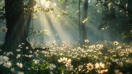 A magical glade in a forest, where sunlight filters through the trees, illuminating the delicate daisy blossoms in a dance of light and shadow. - obrazy, fototapety, plakaty