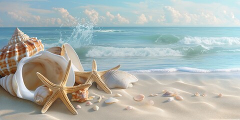 Fototapeta na wymiar A serene beach scene showcasing large conch shells and starfish on pristine sand against a backdrop of gentle ocean waves