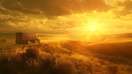 The cargo truck traverses the landscape as the sun sets, casting a golden hue over the surroundings