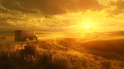 Selbstklebende Fototapeten The cargo truck traverses the landscape as the sun sets, casting a golden hue over the surroundings © shaiq