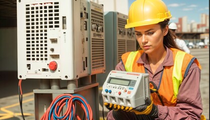 Female engineer checking control panel of a power plant with a measuring instrument