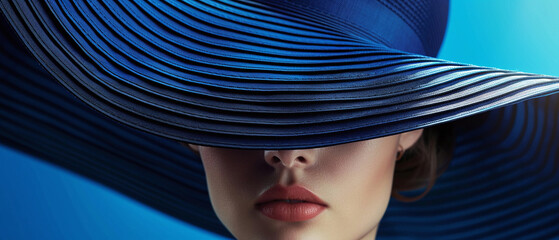 A woman wearing a big blue hat is hiding her eyes.
