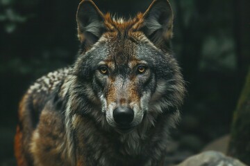 Close-up portrait of a wolf in the forest,  Animal portrait - obrazy, fototapety, plakaty