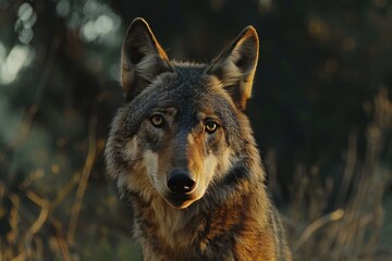 Portrait of a wolf in the forest at sunset, close-up