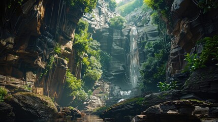 A majestic canyon carved by millennia of natural forces, with towering cliffs adorned with verdant foliage and cascading waterfalls,