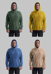 Mockup of colorful oversized hoodies with a pocket on a bearded man in a hood, sweatshirt with...