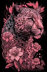Obraz premium Leopard and flowers. illustration.