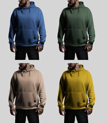 Mockup of colorful oversized hoodies with pocket, ties, streetwear on bearded man, isolated on...