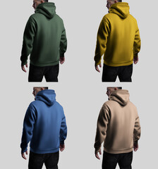 Mockup of an oversized hoodie on a man with a large hood, colorful clothing, back view, isolated on a background with shadows.
