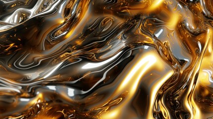 Closeup of fluid gold and silver liquid with electric blue reflections on glass