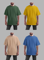 Mockup of blue, green, yellow, beige, tan oversized t-shirt on bearded man, front view, shirt label for design, branding, advertising.  Set
