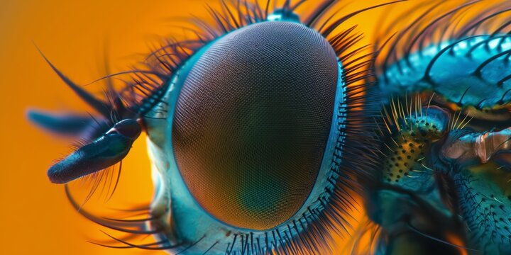 Macro photograph showcasing intricate details of a fly's eye with vivid orange and blue hues enhancing its complexity