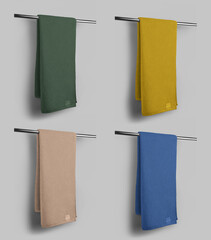 Terry towel mockup hanging on hanger, large soft cloth with label for design, branding, advertising. Set