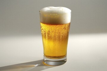 Glass of beer with froth on a white background,  Close-up