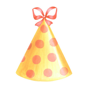 recommend clip art: Party hat yellow with bow polka dot. Watercolor hand drawn illustration. Template of festive accessories for birthday and kids party decoration. Isolated clipart for card, invitation, print, sticker.