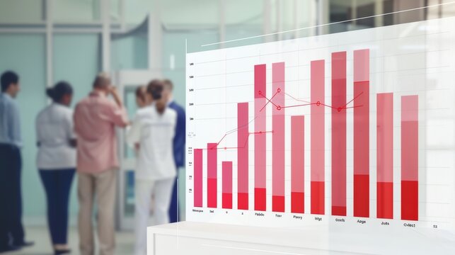 Showcases a public health report on a government website, where bar charts in bold reds illustrate critical health trends, designed to capture immediate attention