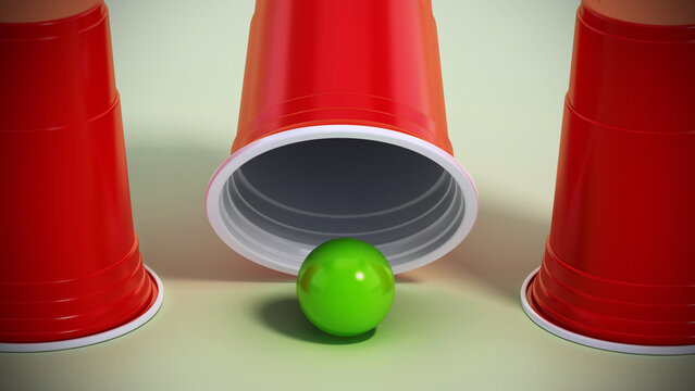 Cup and ball guessing game. 3D illustration
