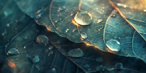 A macro shot capturing the delicate beauty of water droplets resting on the surface of fresh green leaves, evoking life and renewal - obrazy, fototapety, plakaty