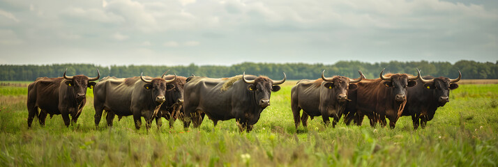 Cohesive yet Independent - Tales from a Herd of Peaceful Oxen in a Green Pasture - obrazy, fototapety, plakaty