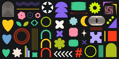 Abstract Shapes set y2k style for banner.Groovy Retro Y2k aesthetic.Trendy 90s.Trendy geometric forms for banner,stickers,poster.Simple shapes,Flower,spiral,wave.Elements 2000s.Vector illustration.Bru