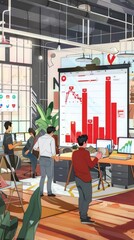 Sets up a marketing dashboard in a bustling office, where bar charts in dynamic bold reds reflect social media growth, visually stimulating and easy to interpret