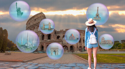 Famous monuments of the world with air soap bubble flying - A young girl with a hat wearing mini shorts walking 