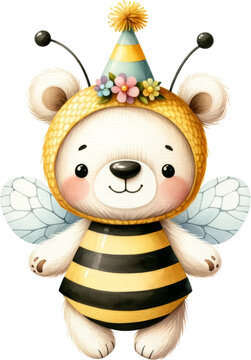 A cute cartoon bear wearing a bee costume, complete with a party hat, wings, and a friendly smile.