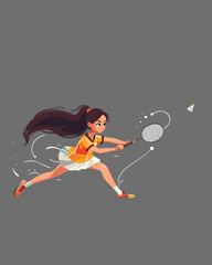 Girl playing badminton, in motion, copy space