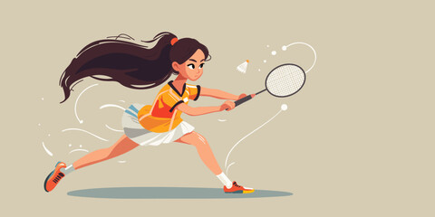 Banner with a young woman or girl playing badminton, in motion, copy space