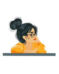 Young woman with glasses at the table resting her chin on her hand