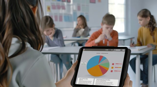 Sets up an educational environment where a teacher uses a tablet displaying a pie chart in neutral grays, using it to explain statistical data to students effectively