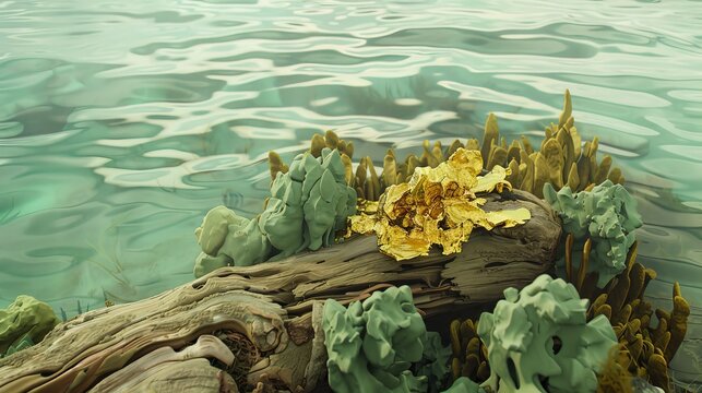 Sets the gold element on a piece of driftwood surrounded by soft green algae, the seas tranquil colors complementing the gold s natural sheen
