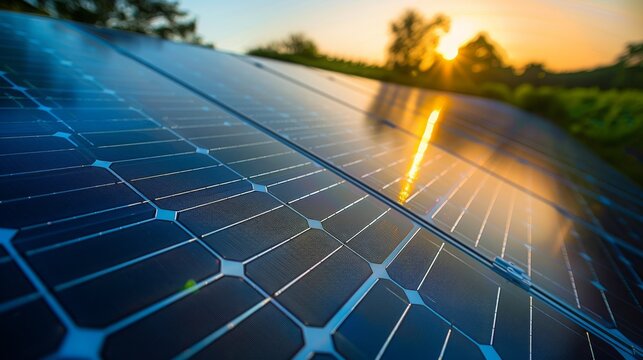 A close up of a solar panel with the sun reflecting off of it.
